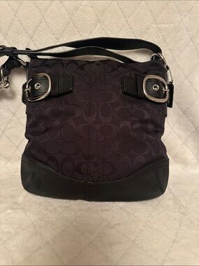 Coach Black Signature Canvas Shoulder Bag with Leather trim and Silver Hardware